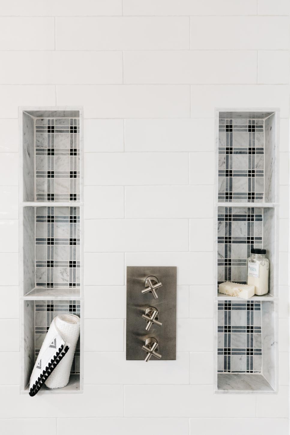 Black-And-White Tiled Shower Close Up Of Shower Tiles With Built-In Storage And Modern Handles