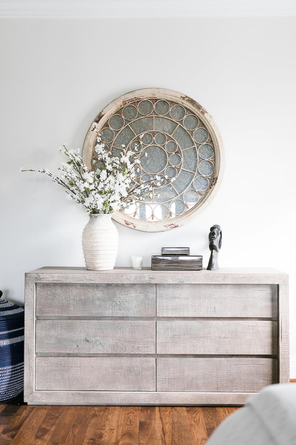 Contemporary Master Bedroom with Natural Wood Dresser Master Bedroom with Natural Wood Dresser and Wall Art