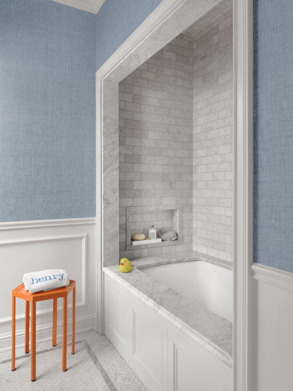 Blue and Gray Kid's Bathroom With Orange Table Blue Kid's Bathroom With Orange Table
