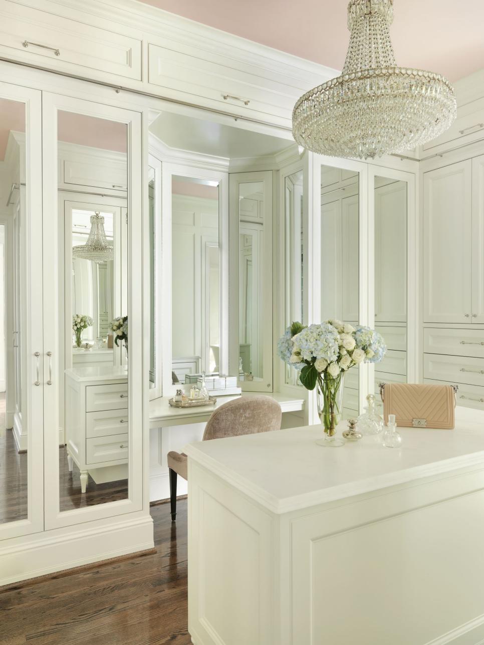 Walk-In Closet With Pink Ceiling Pink and White Walk-In Closet