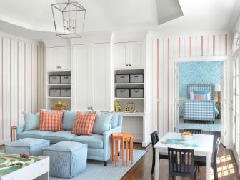 Transitional Playroom With Striped Wallpaper