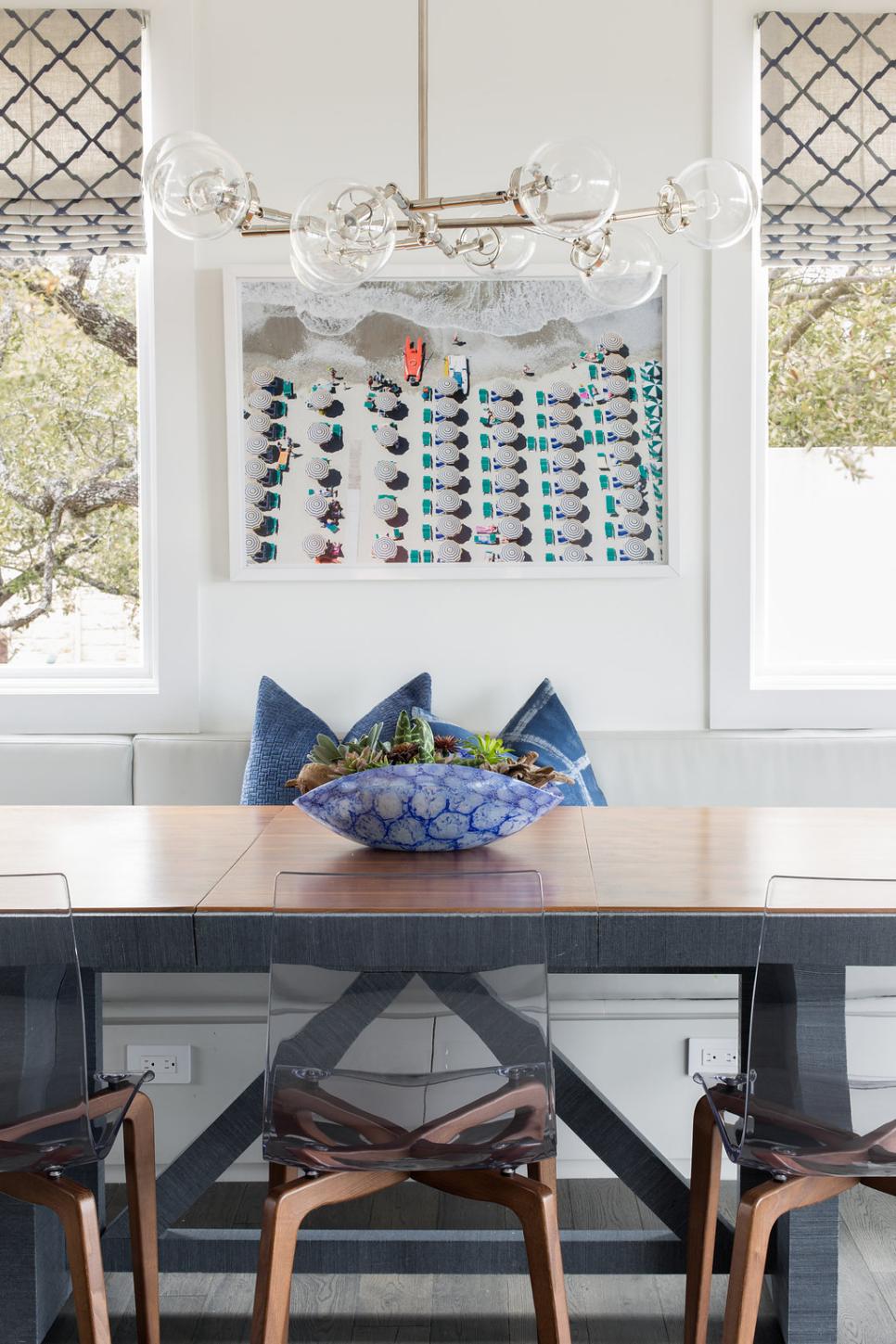 Modern Breakfast Nook With Contemporary Chandelier Close Up Of Modern Breakfast Nook With Glass Orb Chandelier
