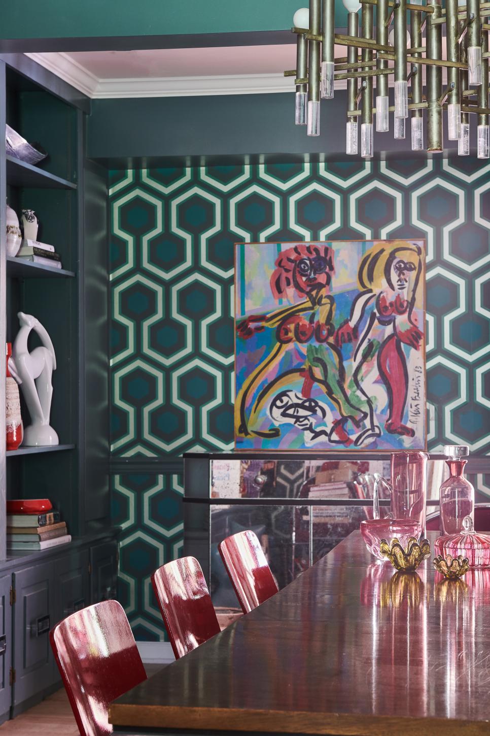 Green Eclectic Dining Room With Geometric Wallpaper Green Eclectic Dining Room