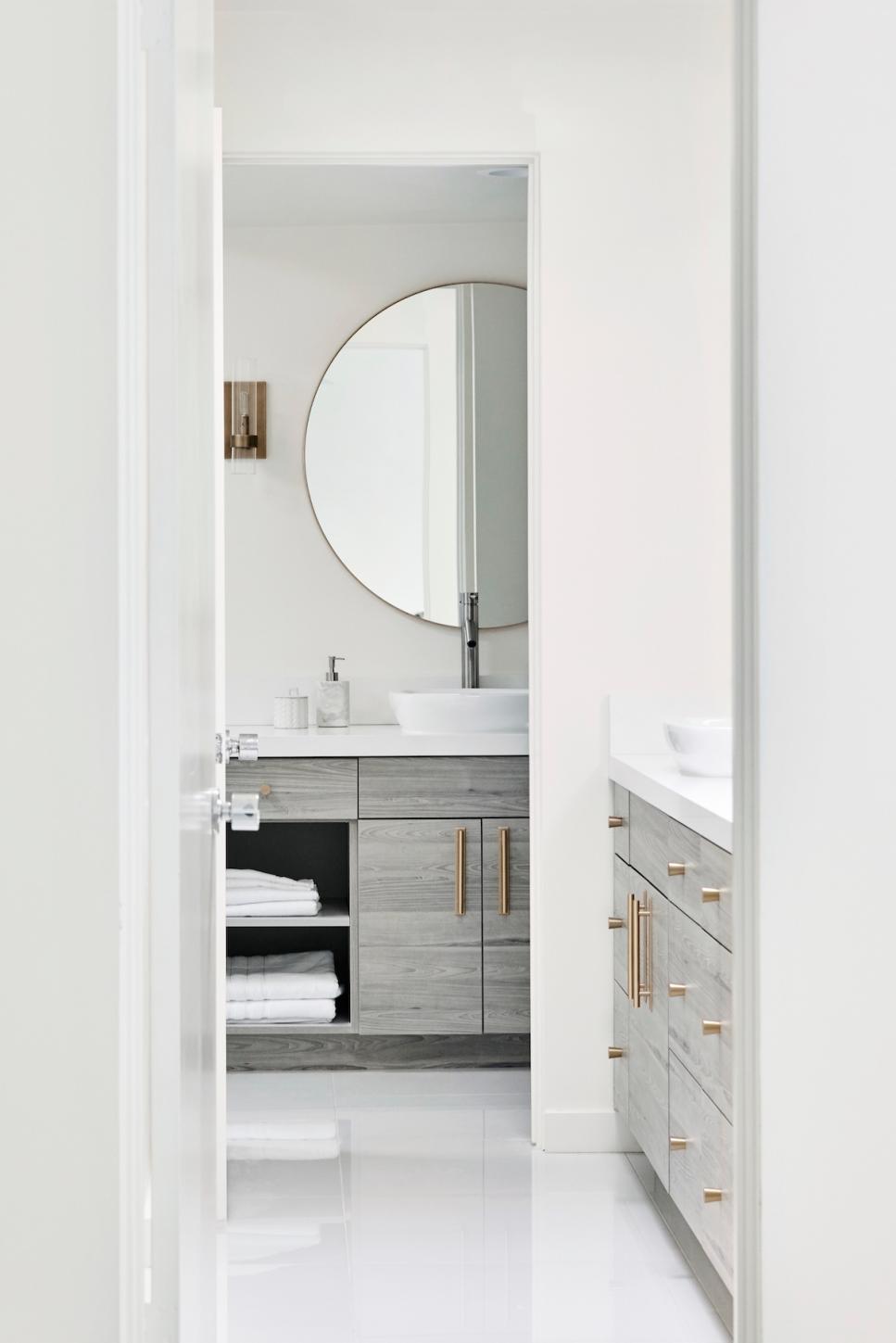 Contemporary, White Bathroom Modern Clean Bathroom With Double Vanities And Brass Pulls