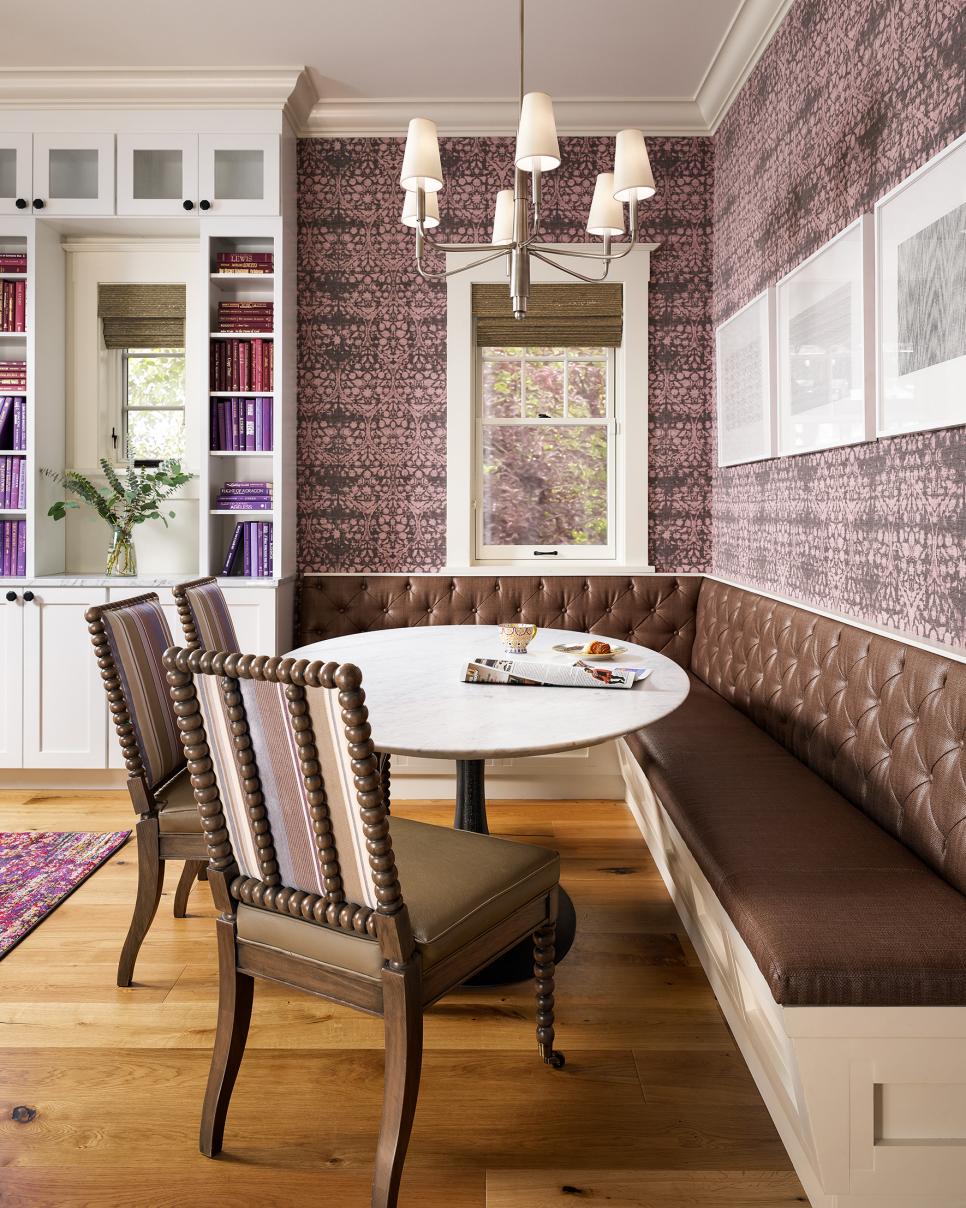 Purple Breakfast Nook With Wallpaper Breakfast Nook With Leather Bench, Chairs And Traditional Chandelier