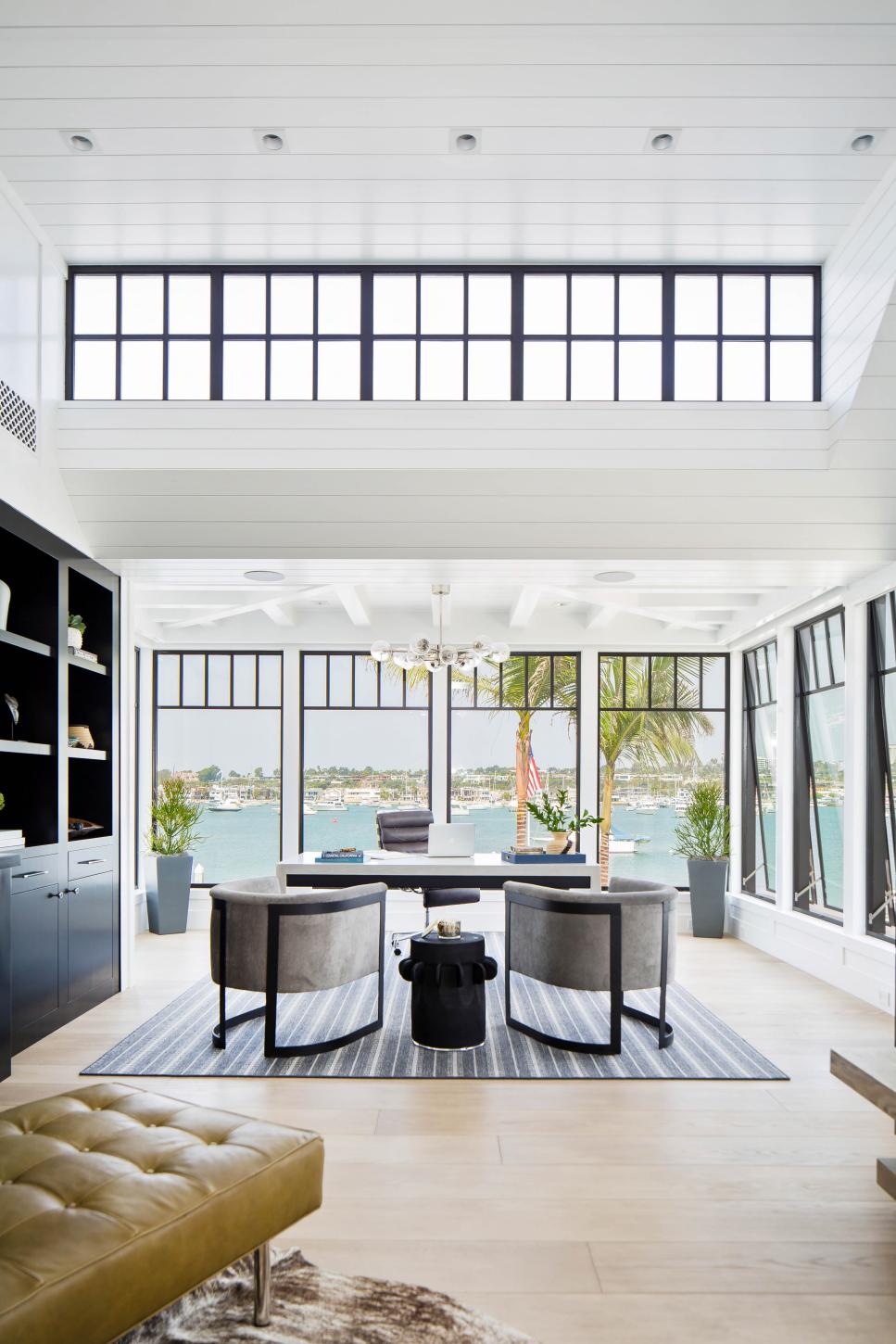 Contemporary Home Office with Large Windows White Contemporary Office