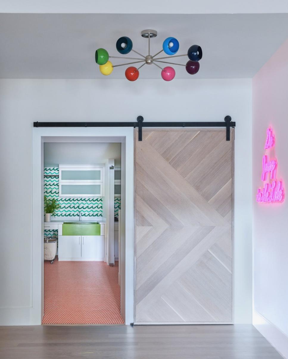 Laundry Room with Sliding Barn Door Colorful Contemporary Laundry Room