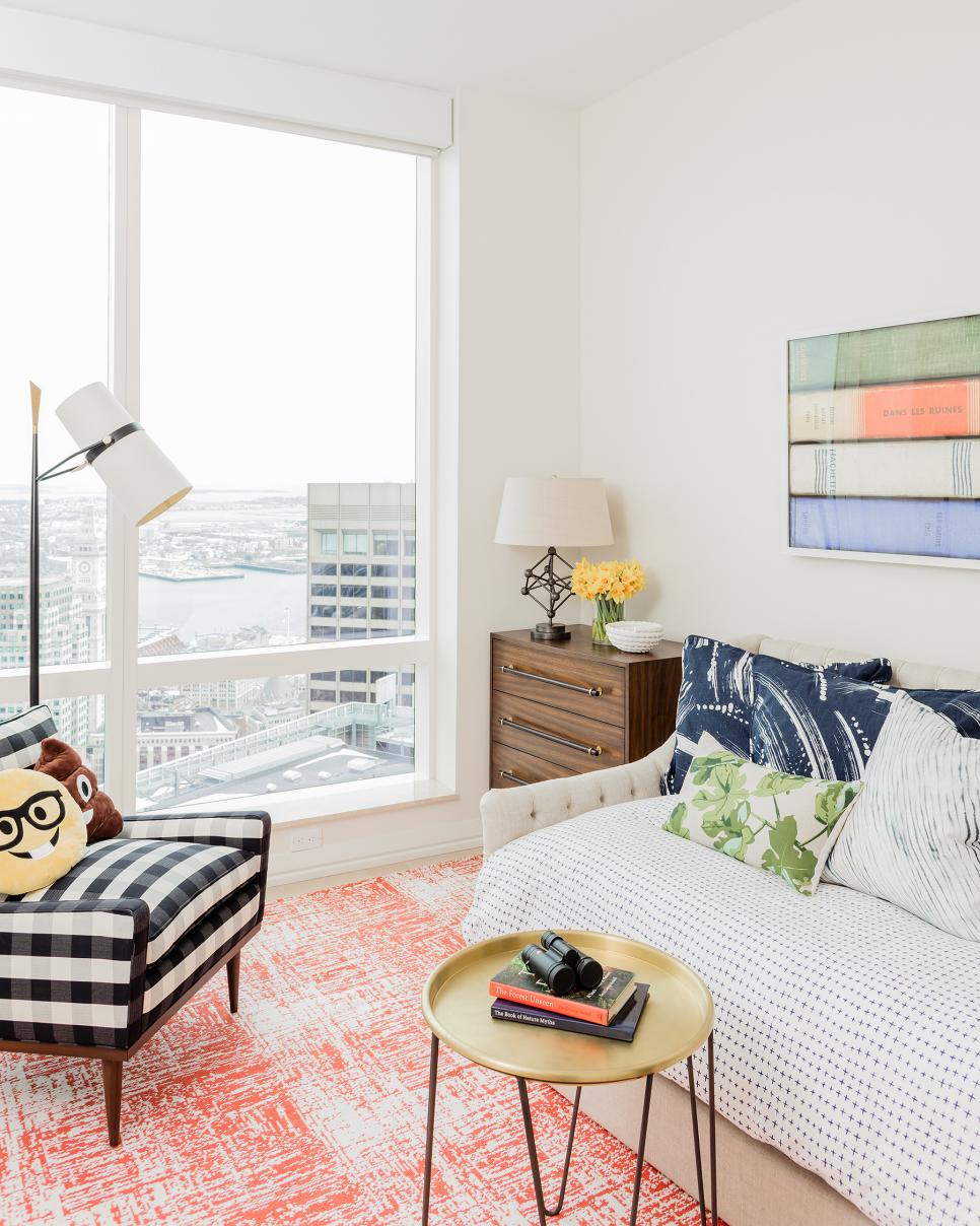 Sophisticated Kids' Room Comfy Bed And Wooden Dresser Beside Large Floor-To-Ceiling Window