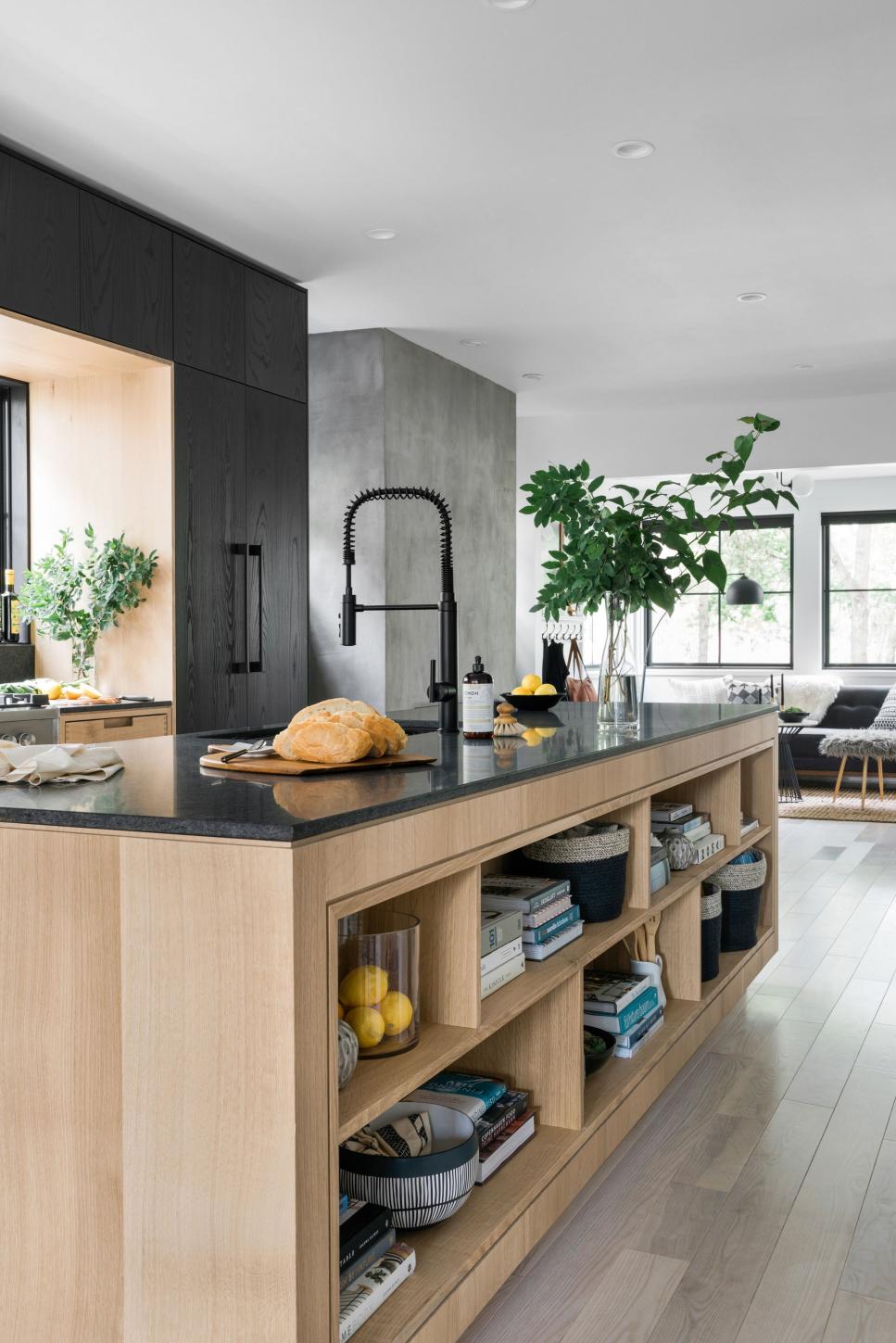 Personal Touch Open Shelves on Kitchen Island Full of Fruit, Cookbooks and Baskets