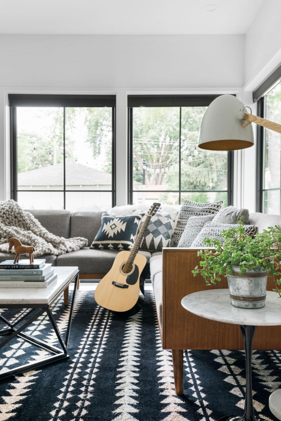 Going Geometric Black-and-White Area Rug Draws Eye Toward Living Room Windows