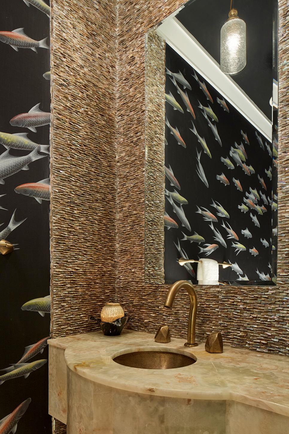 Bold, Contemporary Powder Room With Shell Wall Powder Room With Bold Fish Mural And Shell Accent Wall With Mirror