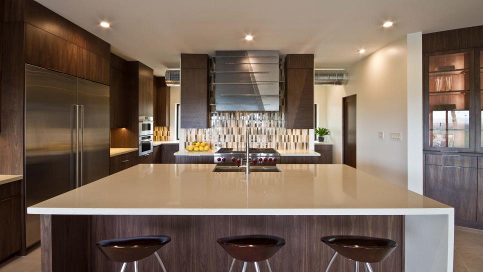 Midcentury Modern Brown Kitchen With Brown Stools Midcentury Modern Brown Kitchen