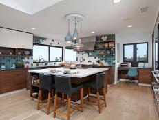 Contemporary Open Plan Kitchen With Blue Backsplash