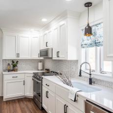 White Transitional Kitchen With Floral Shade