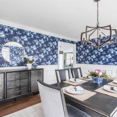 Blue Transitional Dining Room With Gray Buffet