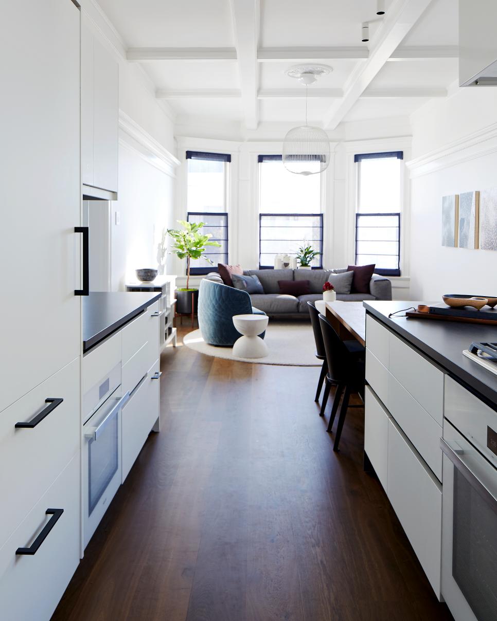 Black-And-White Galley Kitchen Black-And-White Galley Kitchen With Living Room Steps Away