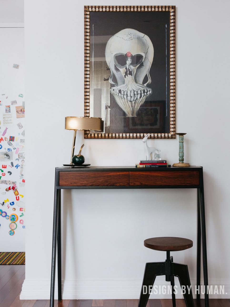 Modern Entryway Table Entryway With Framed Skull Art Above Modern Table And Stool