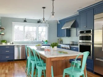 Bold Kitchen With Vintage Pendant Lights Above Large Kitchen Island