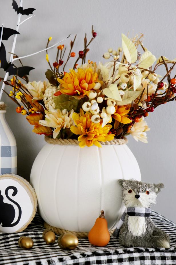 White Farmhouse Pumpkin Vase Filled With Silk Fall Flowers
