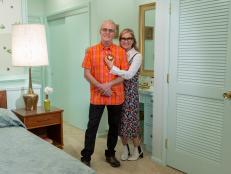 (Left to Right) Mike Lookinland (Bobby Brady) and Maureen McCormick (Marcia Brady) pose during the reveal of the newly renovated master bedroom in the original Brady House, in Studio City, California, as seen on A Very Brady Renovation.
