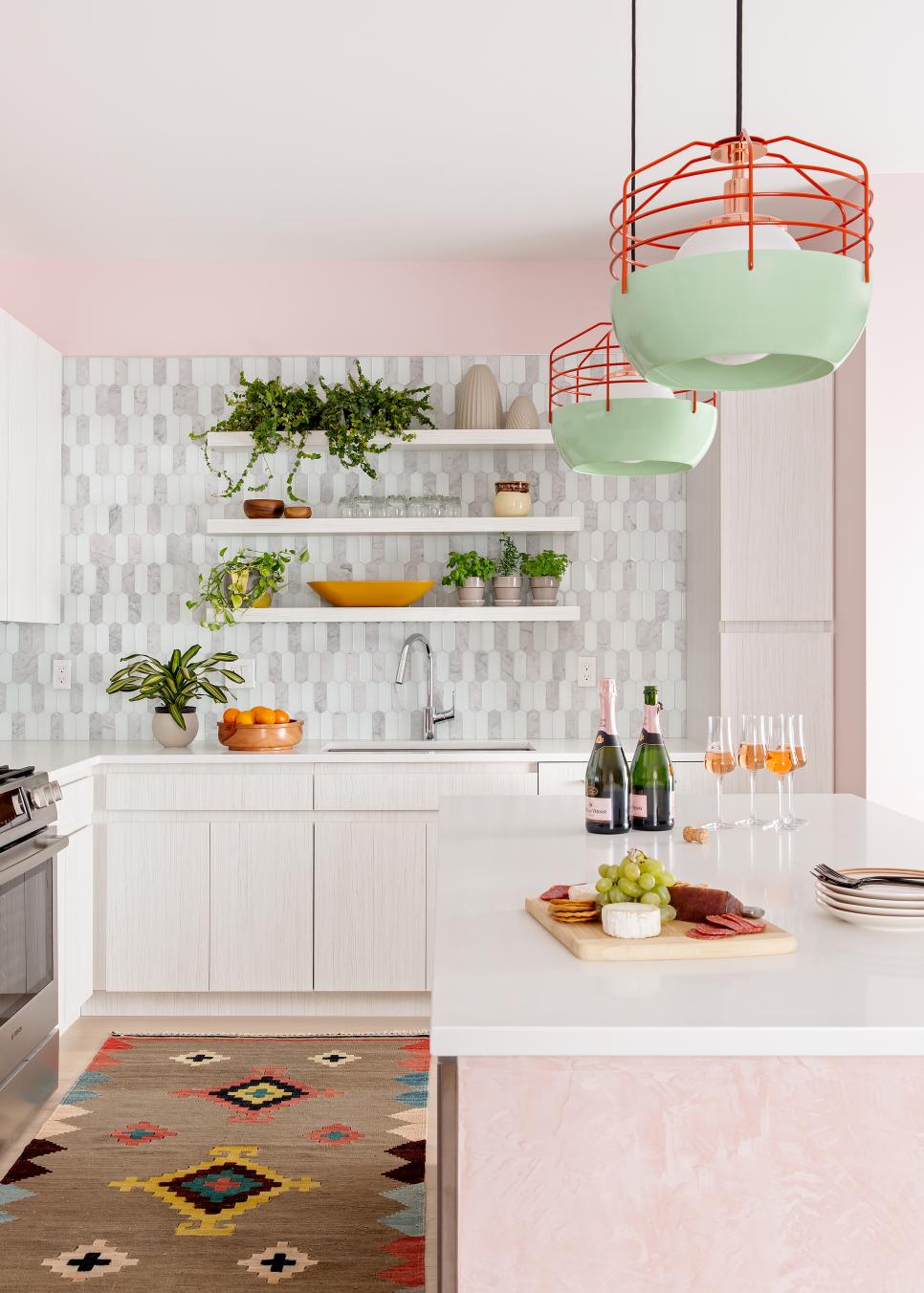 Pink Contemporary Kitchen With Orange Pendants Pink Kitchen With Orange Pendants