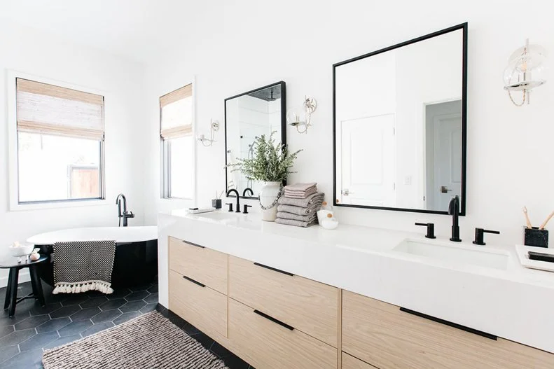 Hexagon Tile Bathroom Floors With Modern Soaking Tub, Double Vanity