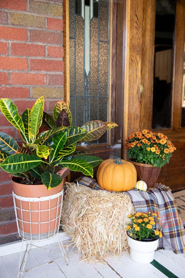 Pumpkins and Hay on Front Porch For Fall
