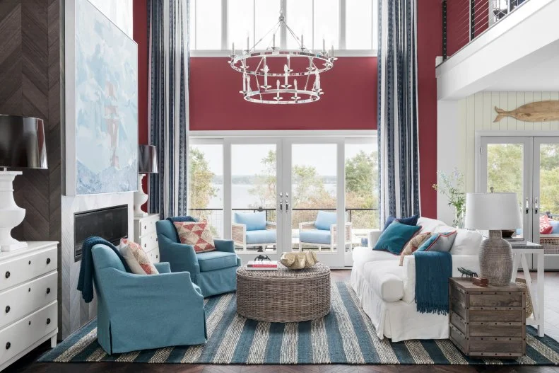 Red Living Room With Striped Rug