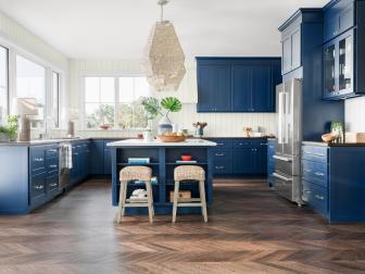 Blue and White Coastal Kitchen With Dark Wood Floor
