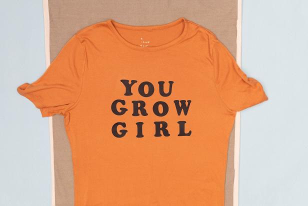 This houseplant Halloween costume is being crafted using an orange shirt adorned with iron-on letters spelling out a clever saying.