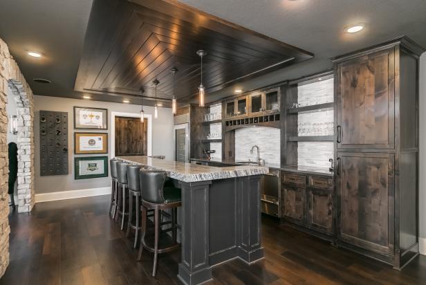 Beautiful Basement Kitchen in Dark Wood and Gray