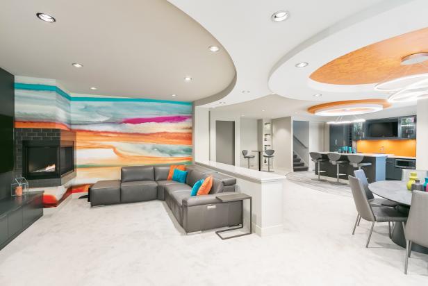 Modern Finished Basement with Hand-Painted Walls and Ceiling