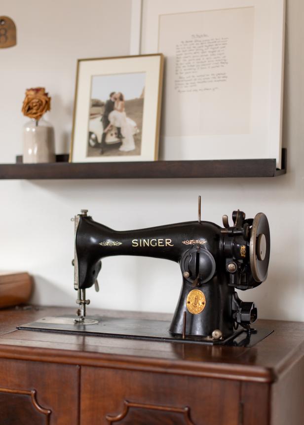 A vintage sewing machine is a sentimental addition to a Los Angeles living room.