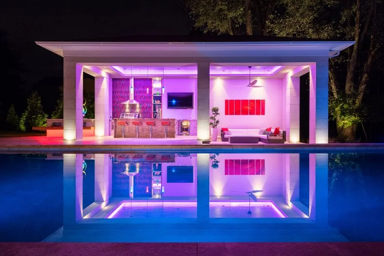 Pool Cabana With Pink Neon Light