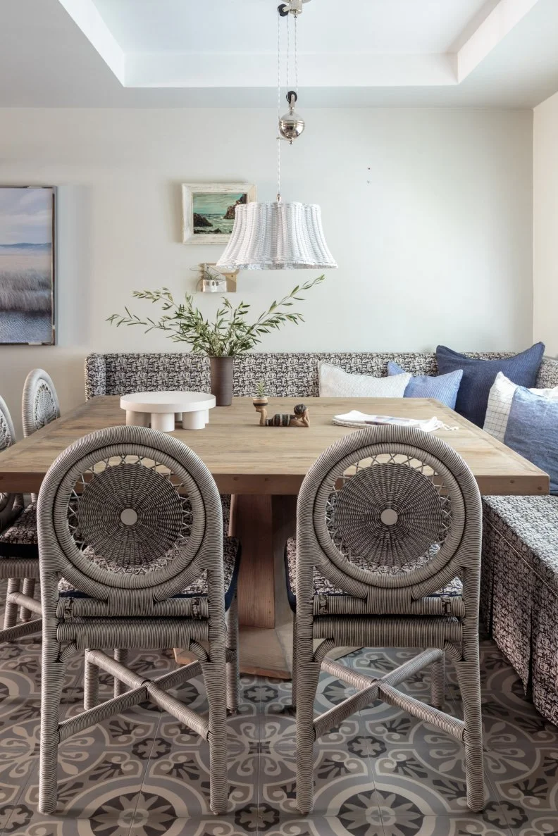 Corner Bench at Breakfast Nook With Wicker Pendant Light, Chairs