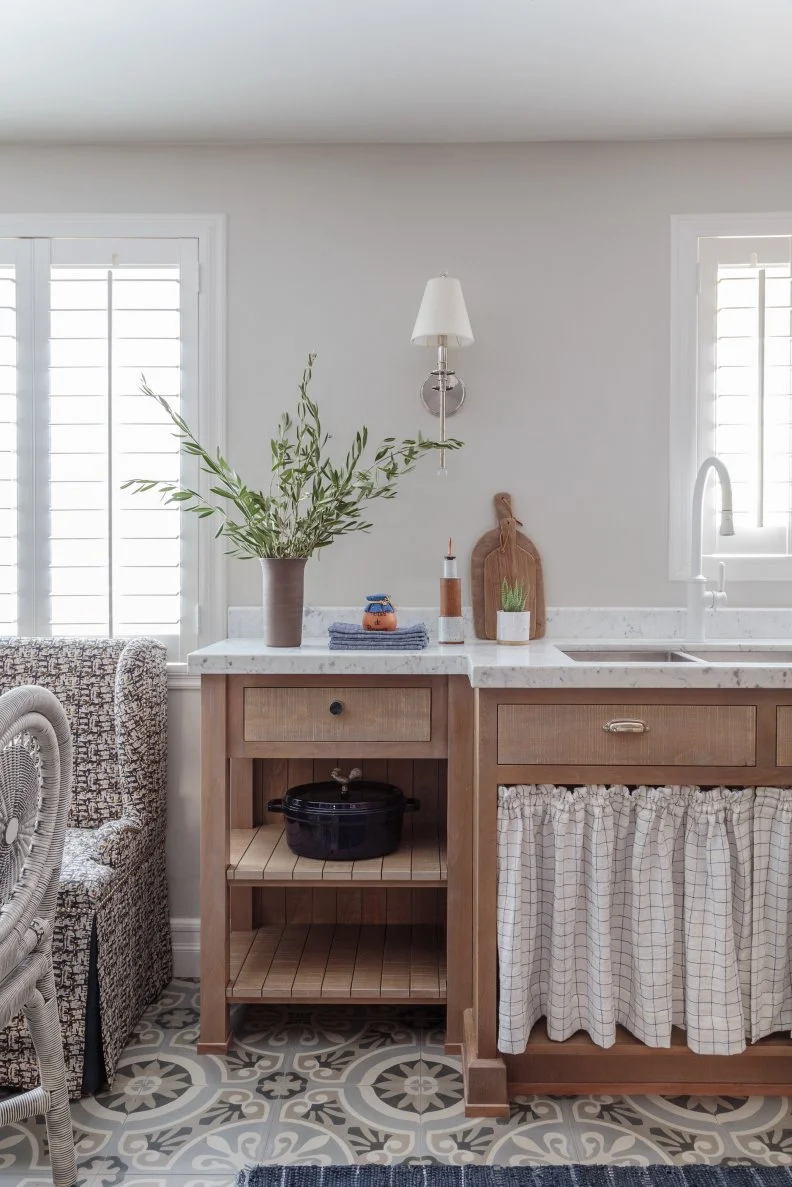 Small Kitchen, Wood Cabinets, Patterned Tile Floor, Marble Counters