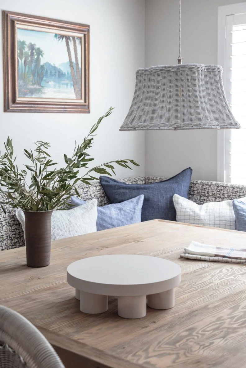 Breakfast Nook With Woven Pendant Light, Corner Bench, Wood Table