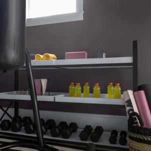 Storage Shelves Keep Drinks and Equipment Close at Hand in Home Gym