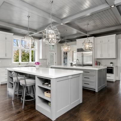 White-Colored Kitchen With Gray Coffered Ceiling