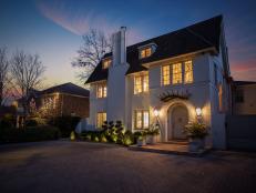 Colonial-Style, Three-Story Home at Night, Sconce and Landscape Lights