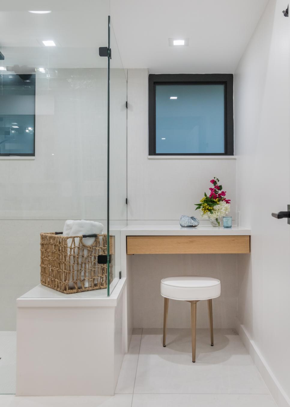 Powder Table Beside Walk-In Shower Three Leg Stool At Powder Table Beside Large Glass Door Walk-In Shower