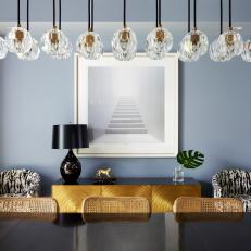 Blue Gray Dining Room With Black Lamp