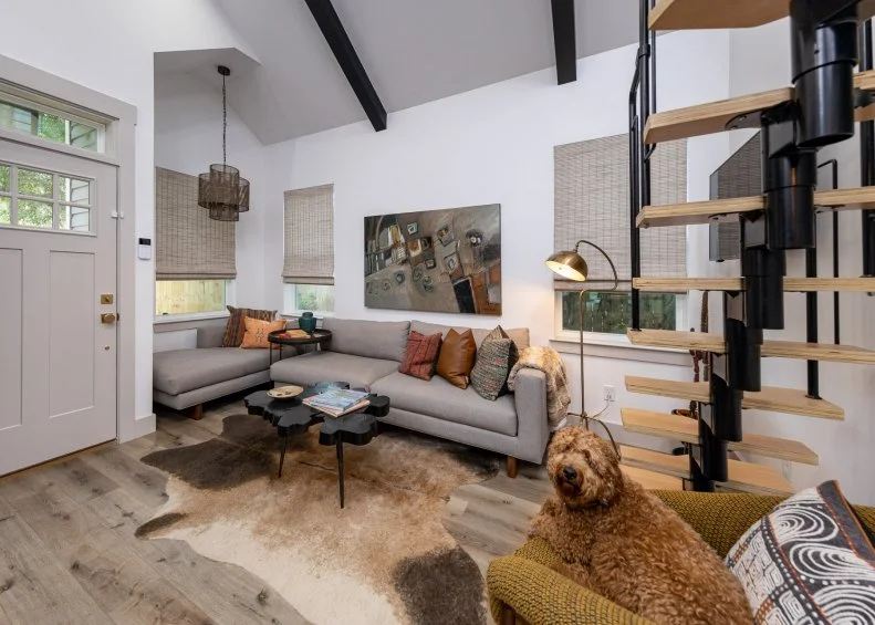 Fluffy Dog Sits On Armchair Beneath Stairs in Small Living Area