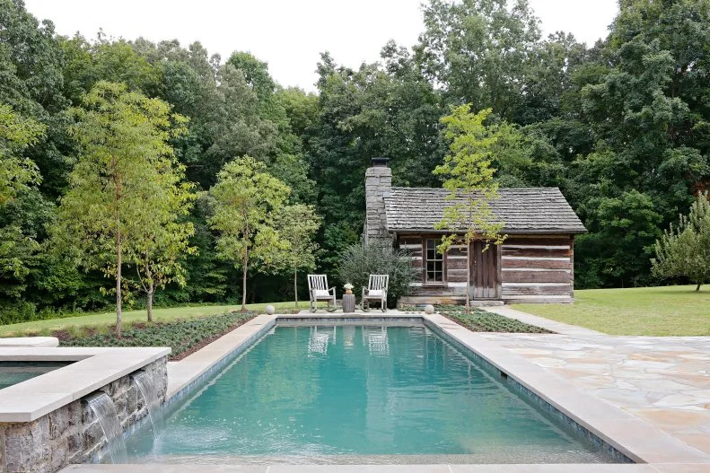 Mature Trees Around Swimming Pool, Rustic Guest Cabin, Rocking Chairs