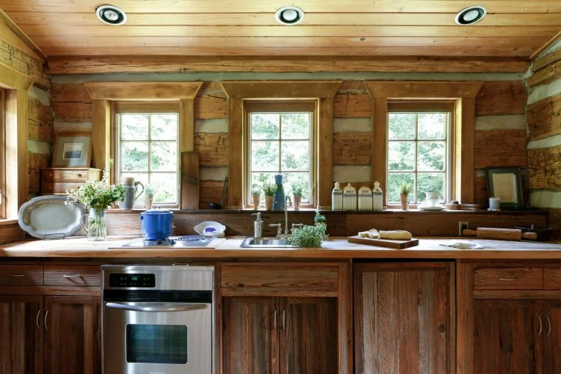 Rustic Cottage Wooden Kitchen, Wall With Windows, Built-In Appliances