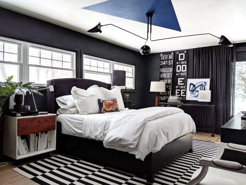 Gray Bedroom With Striped Rug