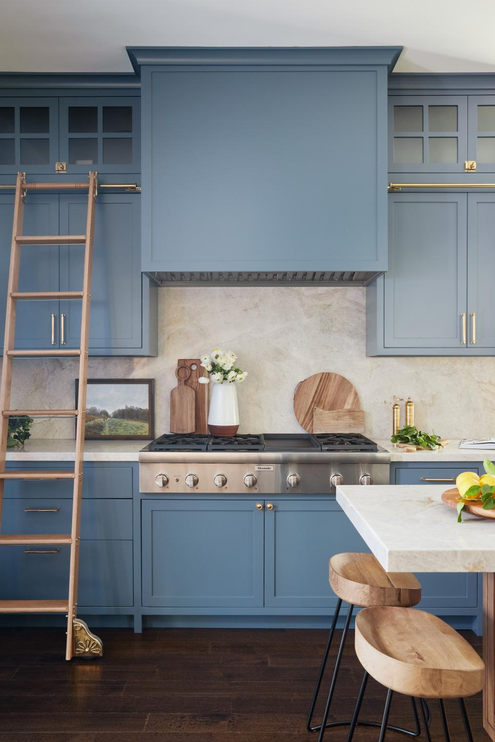 Blue Transitional Kitchen With Wood Ladder Blue Kitchen With Wood Ladder