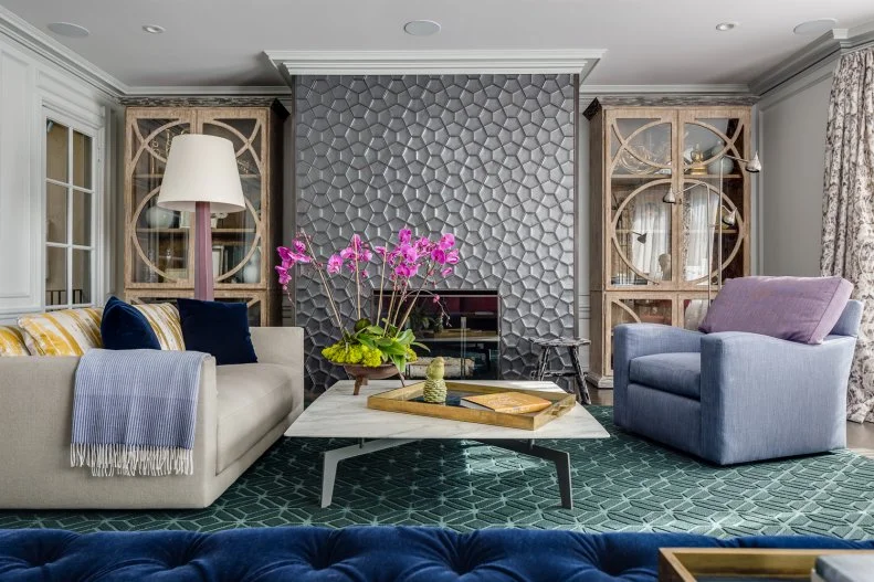 Contemporary Living Room With Sofa, Armchair, Textured Tile Fireplace