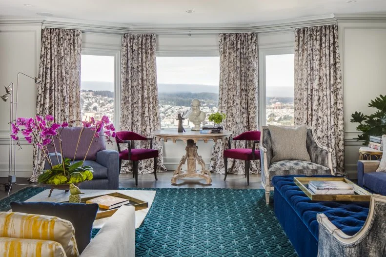 Contemporary Living Room, Bay Window, Velvet Sofa, Armchairs