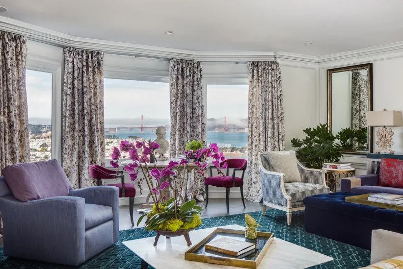 Contemporary Living Room With Bay Window View of San Francisco Bay